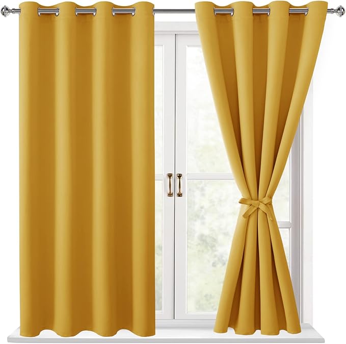 Hiasan Blackout Curtains for Bedroom - Thermal Insulated & Light Blocking Window Curtains for Living Room/Kids Room, 2 Drape Panels Sewn with Tiebacks, Mustard Yellow, 52 x 45 Inch by Hiasan