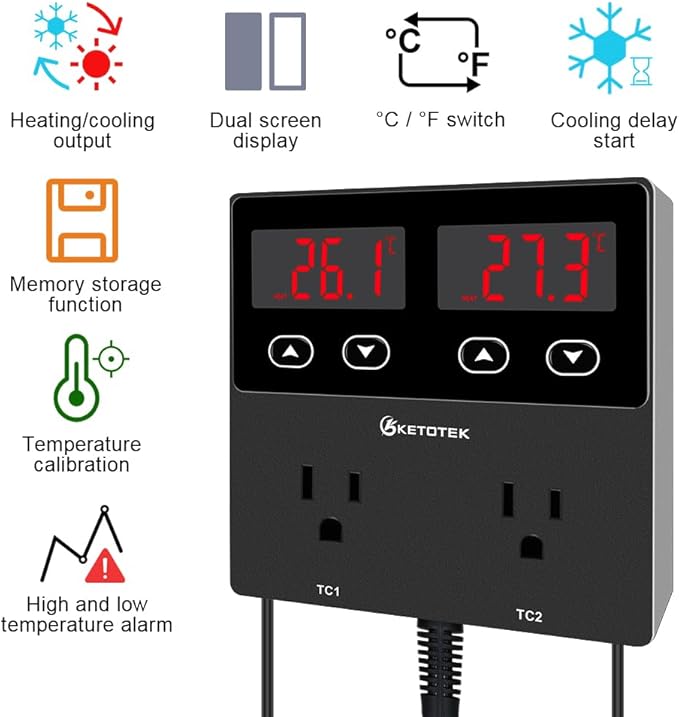 KETOTEK KT99pro Dual Digital Temperature Controller Outlet 10A Relay Heating Coolling Thermostat Controlled Socket with Sensor for Reptile Brewing Fermentation Breeding Incubation Greenhouse - Image 2