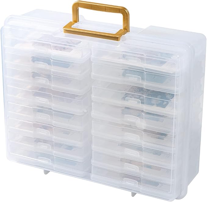 novelinks Transparent 4" x 6" Photo Organizers and Photo Storage Box with Handle, 16 Inner Photo Cases, Portable Picture Organizers & Photo Storage Containers (Clear-Gold Handle) - Image 2
