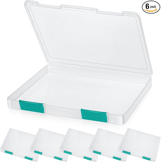 PerKoop 6 Pcs Clear Paper Storage Box A4 Plastic File Box Document Paper Organizer Storage Board Game Project Cases Containers with Buckle for Craft, Magazine(12.4 x 9.84 x 1.18 Inches,Dark Green) by PerKoop