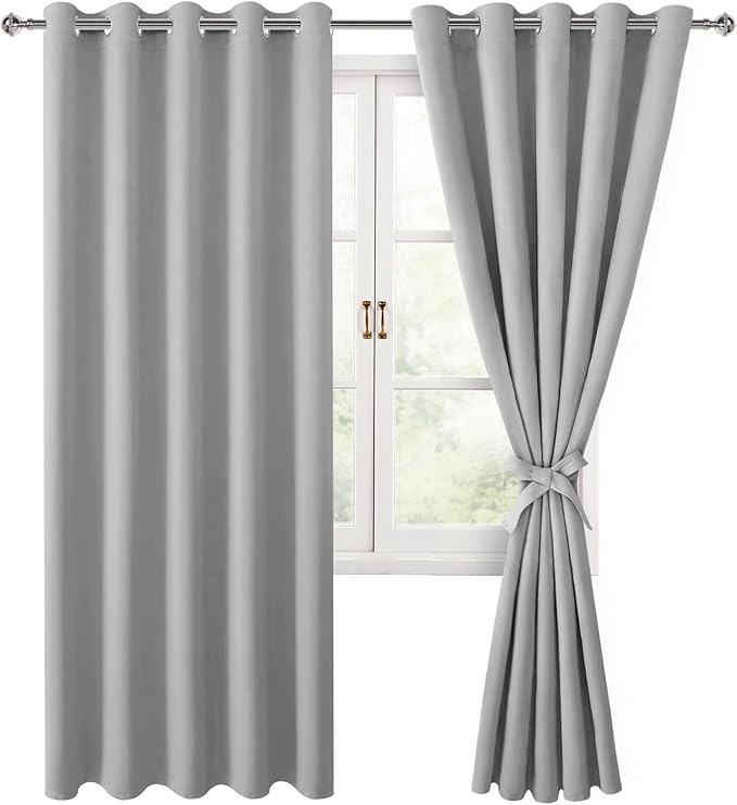 Hiasan Blackout Curtains for Bedroom, 60 x 84 Inches Long - Thermal Insulated & Light Blocking Window Curtains for Living Room, 2 Drape Panels Sewn with Tiebacks, Silver Grey by Hiasan