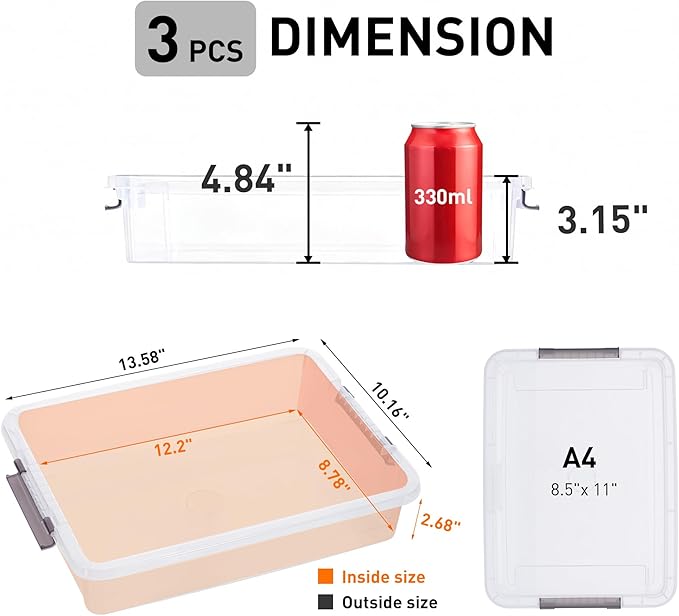 Citylife 3 PCS Plastic Storage Bins with Latching Lids Portable Project Case Clear File Box Stackable Storage Containers for Organizing A4 Paper, Photo, Document, Scrapbook - Image 2