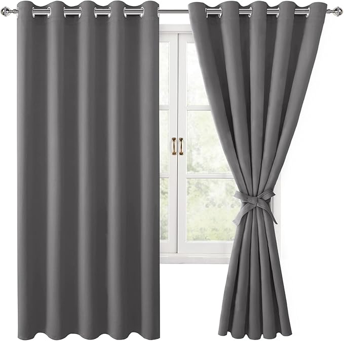 Hiasan Blackout Curtains for Bedroom, 60 x 63 Inches Length - Thermal Insulated & Light Blocking Window Curtains for Living Room, 2 Drape Panels Sewn with Tiebacks, Light Grey by Hiasan
