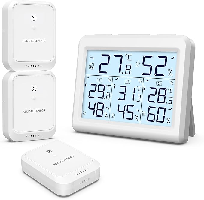 ORIA Indoor Outdoor Thermometer, Digital Hygrometer Thermometer, Wireless Temperature and Humidity Gauge Monitor with 3 Sensors, LCD Backlight for Home, Office, Bedroom, White by Oria