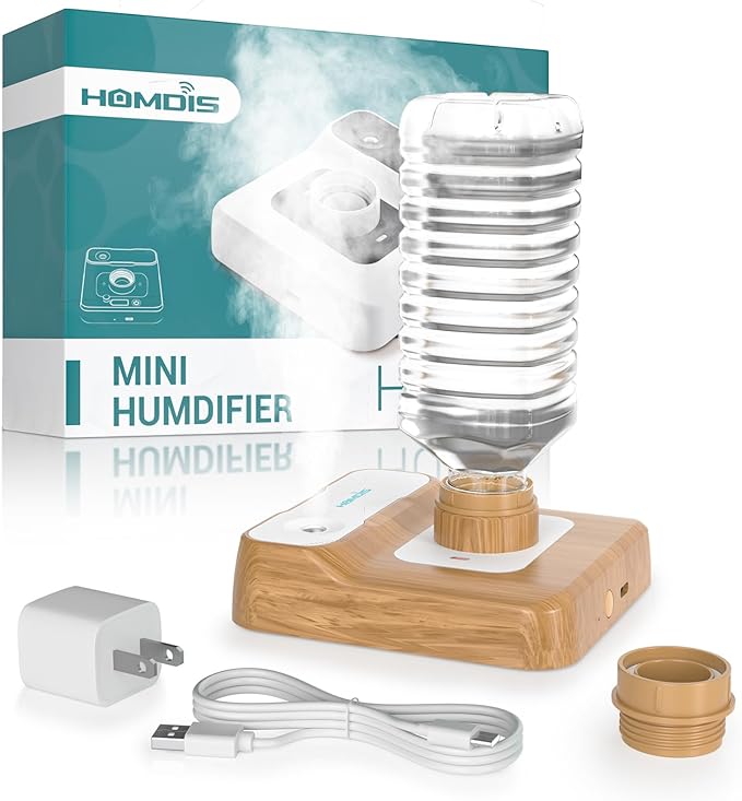 Travel Humidifier, Portable Humidifier for Plants, Bedroom, Office, Hotel or Car, 5000mAh Battery Operated Mini Cool Mist Humidifiers, Quiet 23dB, Auto-off, Night Light & BPA-Free, Wood Grain by HOMDIS