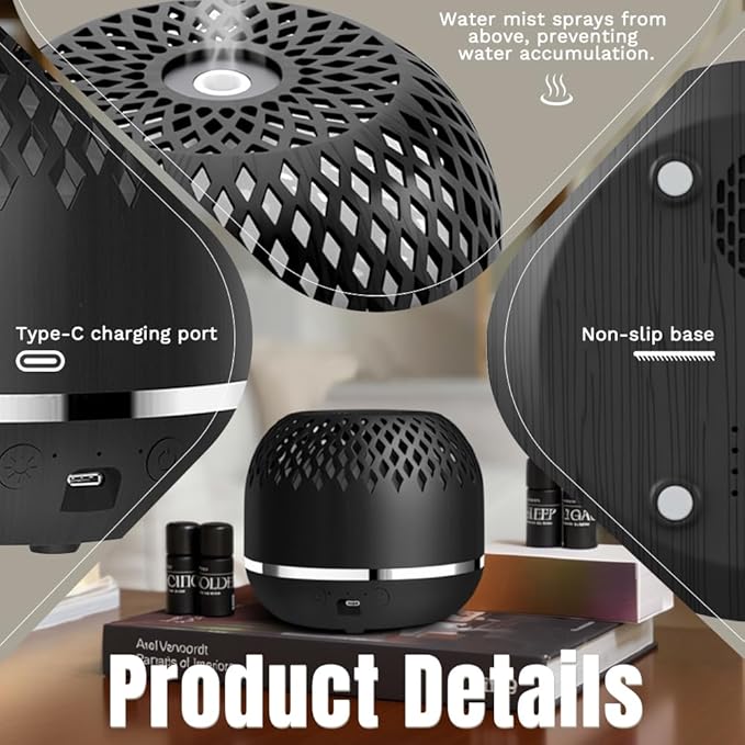 Essential Oil Diffuser 300ml for Home Bedroom, Aromatherapy Oil Diffuser with 3H 6H Timer, 7 Color Light, USB Type-C, Hollow Design, Auto Shut-Off(Dark Woodgrain, Openwork) - Image 4