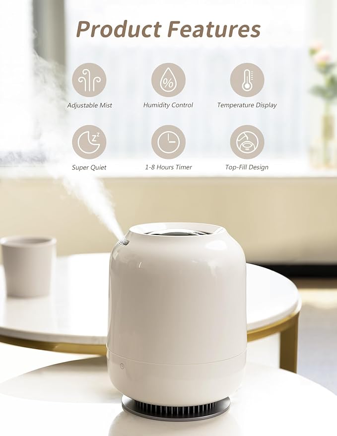 SmartDevil 1.2L Cool Mist Humidifier, Top Fill Ultrasonic Smart Air Humidifier with Essential Oils, Timing, Auto Shut Off for Home Babies Plants - Image 2