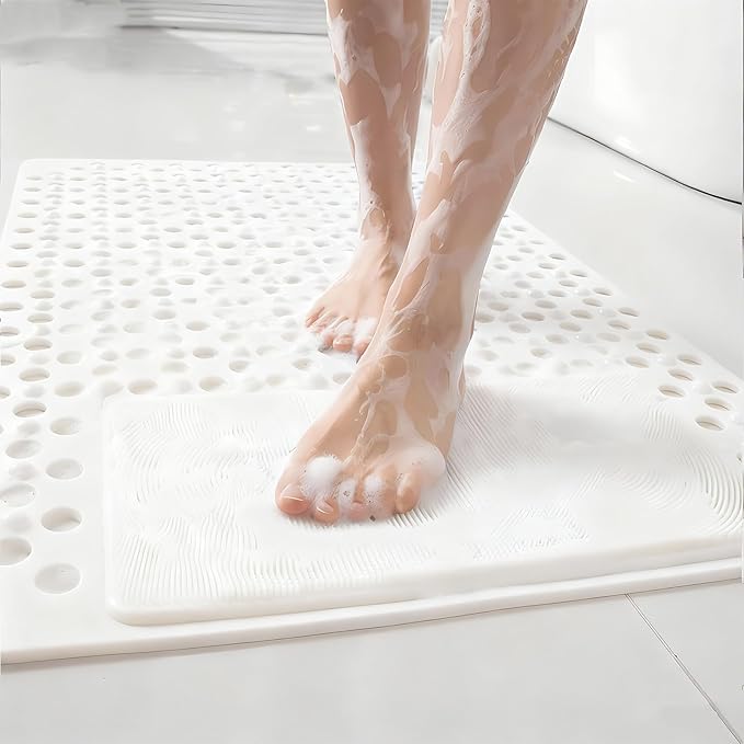 Bath Tub Shower Mat with Soft Shower Foot Scrubber Mat for Massage,Non Slip Bathtub Mat with Strong Suction Cups, Silicone Shower Foot Scrubber Mat (White, 27.5" X 15.7"(Rectangular)) by MERLEU