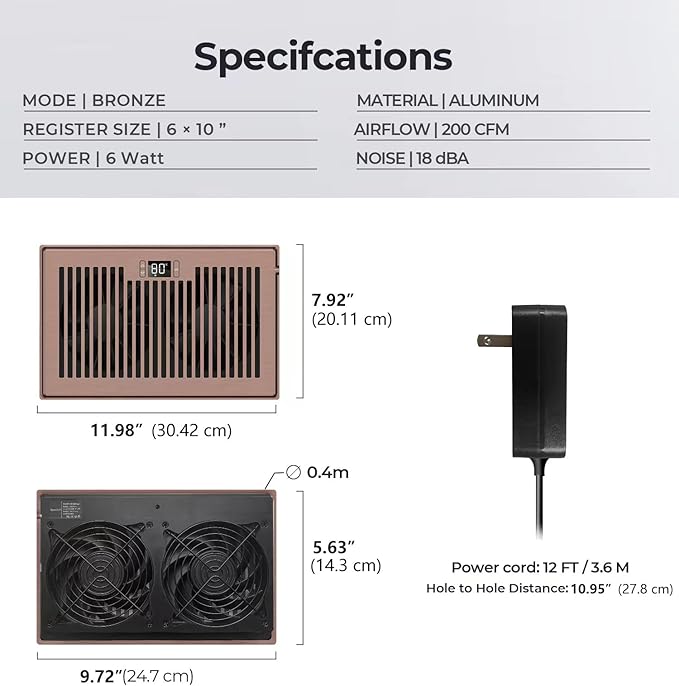 Quiet Register Booster Fan Fits 6" x 10" Register Holes, 10-Speed Smart Heating Cooling AC Vent Fan with Remote Control and Thermostat Control - Bronze - Image 6