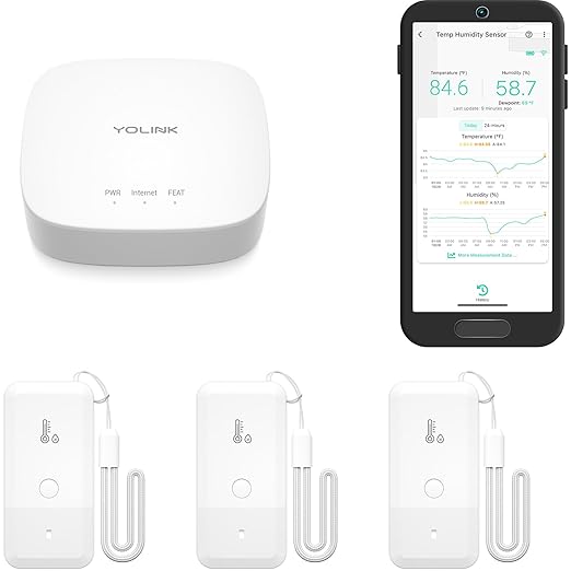 YoLink Smart Wireless Thermometer Hygrometer, 3-Pack, Wide Temp Range for Freezer, Fridge, Green House, Pet Cage, App Alerts, Emails, Text/SMS alerts, 5 Years Battery Life- Hub Included by YoLink