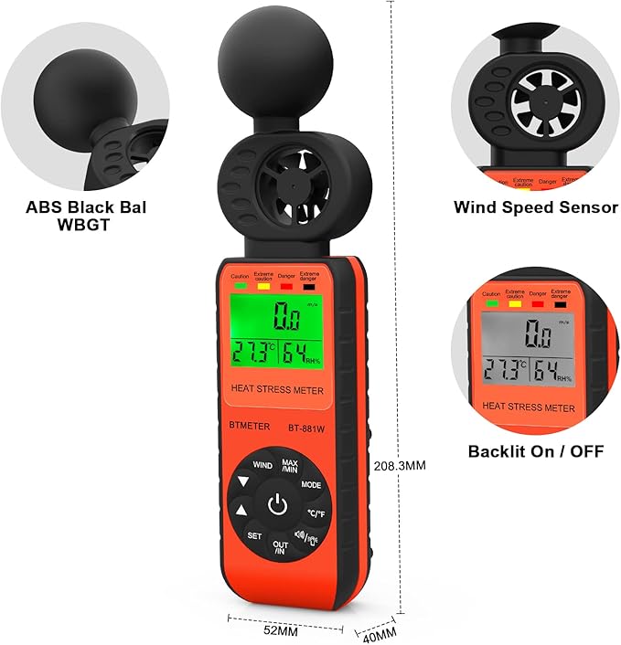 BTMETER Heat Stress Meter Anemometer - Digital Indoor/Outdoor WBGT (Wet Bulb Globe Temperature) Meter with Wind Speed, Ambient Temp, Humidity Tester BT-881W 2pcs - Image 5