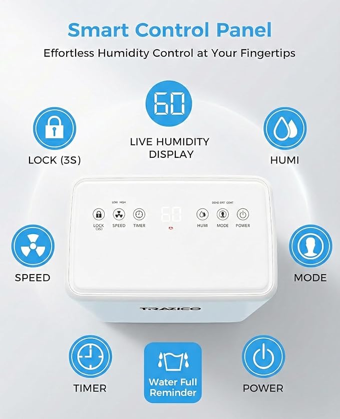 2000 Sq.ft Dehumidifier for Basement, Trazico 30 Pint Dehumidifiers for Home Large Room Bedroom Bathroom with Drain Hose, Intelligent Humidity Control, 3 Modes, 24H Timer, Auto Defrost, White - Image 6
