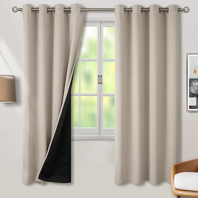 BGment Thermal Insulated 100% Blackout Curtains for Bedroom with Black Liner, Double Layer Full Room Darkening Noise Reducing Grommet Curtain (55 x 69 Inch, Cashmere, 2 Panels) by BGment
