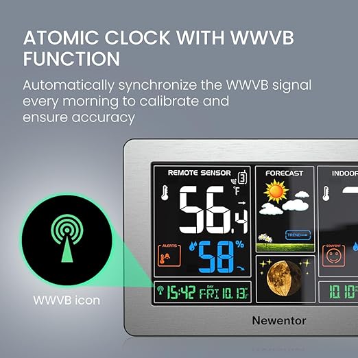 Newentor Weather Station Wireless Indoor Outdoor Thermometer, Color Display Digital Weather Thermometer with Atomic Clock, Barometric Pressure, Forecast Station with Adjustable Backlight, Sliver - Image 2
