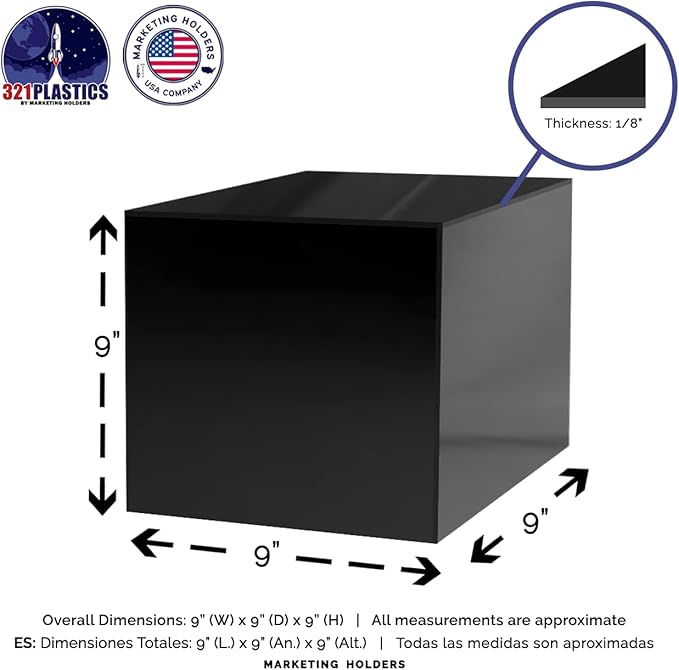 9" Acrylic Display Riser Box with One Open Side No Lid Versatile Glossy Black Square Retail Merchandise Storage Bin or Product Platform by Marketing Holders - Image 6