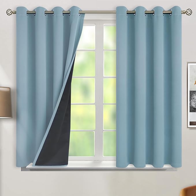 BGment Short 100% Blackout Curtains for Bedroom, Thermal Insulated Lined Energy Efficiency Noise Reducing Grommet Curtains 45 Inch Length for Small Window 2 Panels Each 52 Inch Wide, Greyish Blue by BGment