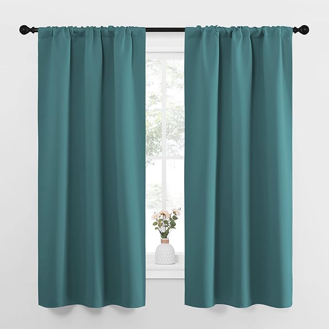 NICETOWN Bedroom Curtains, Three Pass Microfiber Noise Reducing Thermal Insulated Solid Rod Pocket Blackout Window Curtains for Kids Room (Sea Teal, 2 Panels, 34-inch x 63-inch) by NICETOWN