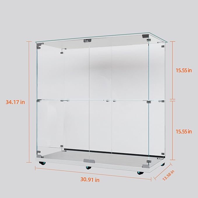Yoluckea 2-Tier Glass Display Cabinet with Bluetooth LED Light Strip, 2-Door Floor Standing Curio Cabinet with Universal Wheel for Home, White Glass Bookshelf for Collections, Clear Top - Image 2