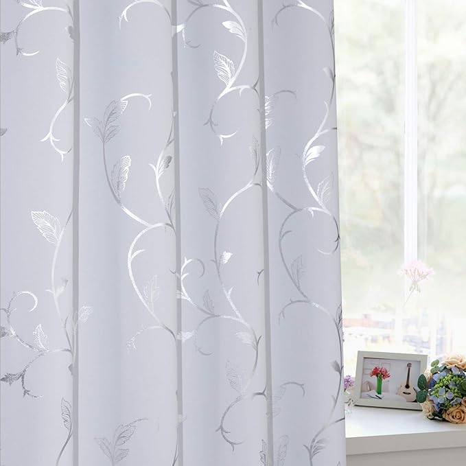 BUHUA Small Window Decor Blackout Curtains Thermal Insulated Room Darkening with Silver Vine Print Pattern for Kitchen 52W×45L Greyish White 2 Panels - Image 3