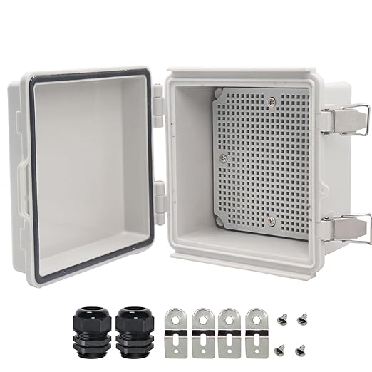 Zulkit Junction Box,IP67 Waterproof Electrical Box Hinged Cover Stainless Steel Latch Plastic Enclosure for Project with Mounting Plate Wall Bracket and 2 Cable Gland Grey 5.9"x5.9"x3.5"(150x150x90mm) by Zulkit