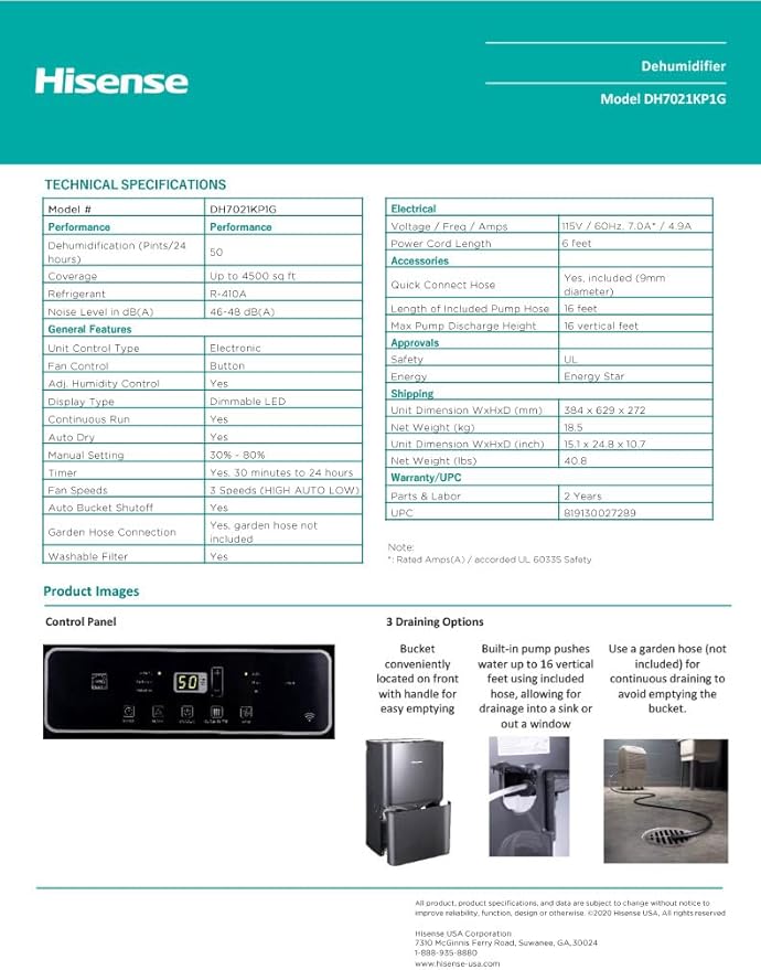 Hisense 50-Pint 3-Speed Built-in Pump Dehumidifier, 3 Modes (Auto, Continuous, Manual), LED display, Noise level 48 dB, up to 4500 sq ft, 115v – DH7021KP1G (Renewed) - Image 4