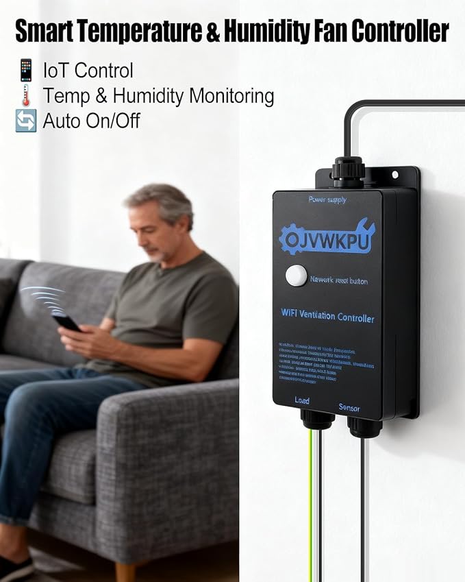 Temperature and Humidity Exhaust Fan Switch, Multi-Functional Vent Controller with IoT, Auto On/Off by Temp & Humidity, 25A Heavy-Duty Load - Image 2