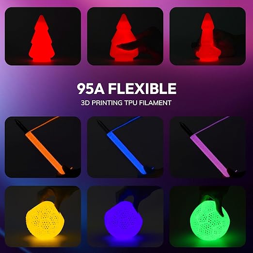 AMOLEN 95A TPU Glow in The Dark Filament Bundle, Red, Orange, Blue Purple, Green 1.75mm Soft Flexible TPU 3D Printer Filament, Best with UV Lamp, 200g x 4 Pack, Luminous Filament for Halloween - Image 2