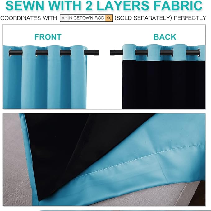 NICETOWN Insulated 100% Blackout Curtains, Noise Reducing Performance Drapes with Black Lining, Full Light Blocking Draperies for Overnight Shift Worker (Teal Blue, 1 Pair, 70 inches x 108 inches) - Image 4