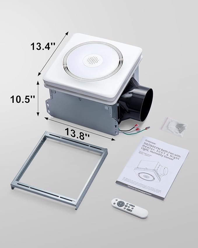 GROWNEER Powerful Oversize Bathroom Exhaust Fan with Light, 40W Bathroom Fan with Humidity Sensor, 110/160 CFM 1.0 Sone Exhaust Fan with Heater, 1800W Heating, 1500lm 2700K/4000K/5000K & Nightlight - Image 8