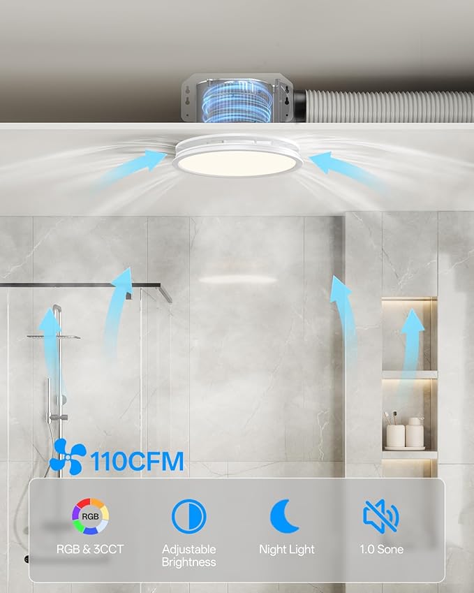 Bathroom Exhaust Fan with RGB Lights, 110CFM/1.0 Sones Vent Fan with 3 Color Temperatures, 5 Adjustable Brightness, Easy to Install, Remote Control, Quiet Ventilation Fan for Bath, Shower, Attic - Image 9