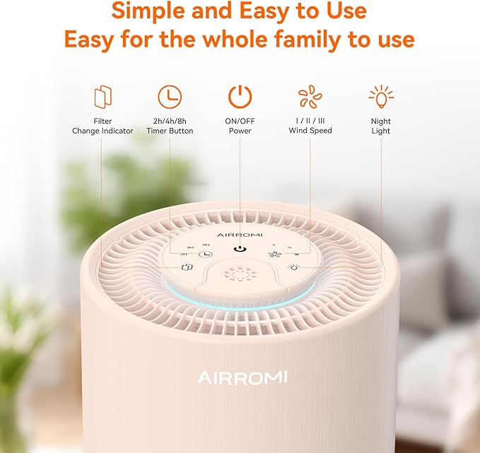 AIRROMI Air Purifier for Bedroom with HEPA 3-in-1 Filter, Pet Air Purifier for Home Cat Pee Smell, Covers Upto 990 Ft², Quiet 360°intake Air Cleaner for pet hair,allergies,Dust,Smoke A2001 Orange - Image 3