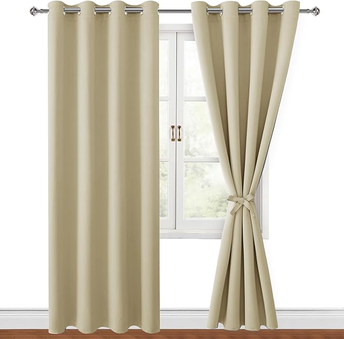 Hiasan Blackout Curtains for Bedroom, 52 x 84 Inches Long - Thermal Insulated & Light Blocking Window Curtains for Living Room, 2 Drape Panels Sewn with Tiebacks, Light Beige by Hiasan