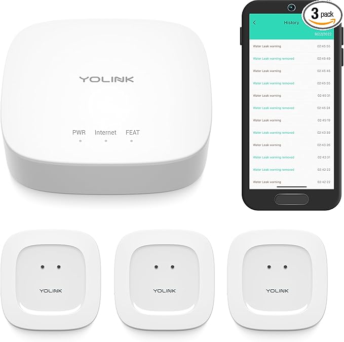 YoLink Smart Home Starter Kit: Hub & 3-Pack Water Leak Sensor 1, LoRa Up to 1/4 Mile Open-Air Range, SMS/Text, Email & Push Notifications, w/Alexa, IFTTT, Home Assistant by YoLink