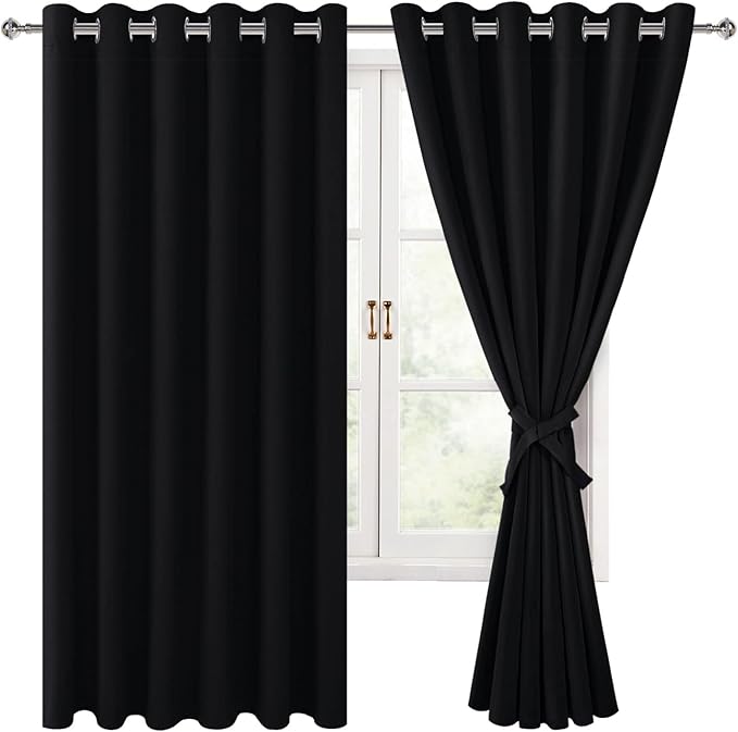 Hiasan Grommet Blackout Curtains for Bedroom, 70 x 63 Inches - Thermal Insulated & Noise reducing Window Drapes for Living Room/Dorm Room, Set of 2 Panels Sewn with Tiebacks, Black by Hiasan