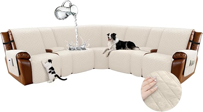 Arfntevss Waterproof Recliner Sectional Couch Covers for Reclining L Shape Sofa Cover Non Slip Washable L Shaped Slipcover Sets for Dog Furniture Protector (5 Seat with 2 Console Cover, Beige) by Arfntevss