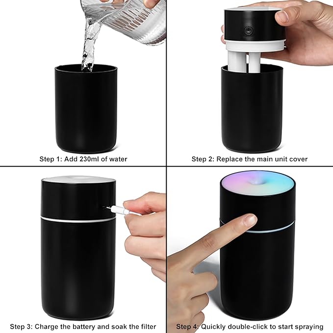 HODEMI Portable Mini Humidifier - Recharge Small Personal Desk Cold Mist Air Humidifier with Adjustable Colorful Atmosphere Light and 4/8 H Timer Sprays Modes for Car, Bedroom & Office (White) - Image 7