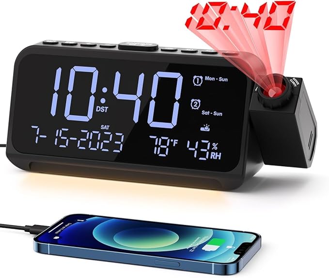 ROCAM Projection Alarm Clock, Digital Clock with 180° Projector on Ceiling Wall, Dual Loud Alarm Clocks for bedrooms with Weekday/Weekend Mode,2 USB Ports, Dimmer, Temp, Humidity, Night Light, Snooze by ROCAM