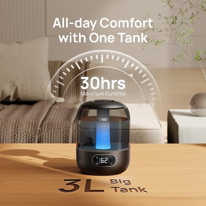 DREO Humidifiers for Bedroom, 3L Top Fill 30H & 26dB Quiet Runtime for Large Room, Cool Mist Ultrasonic Humidifier with Humidity Sensor, Night Light for Home, Baby, Nursery, Plants, 360° Nozzle, Black - Image 6