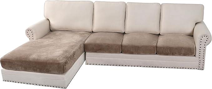 H.VERSAILTEX Velvet Stretch Sectional Couch Covers 4 Pieces Sofa Seat Cushion Covers L Shape Separate Cushion Couch Cover for Both Left/Right Sectional Couch (Large Sofa 3 Seater + 1 Chaise, Taupe) by HVERSAILTEX