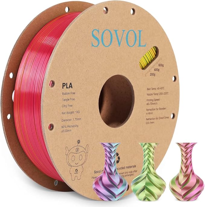 Sovol PLA Filament Silk Tri Color Co-Extrusion 1.75mm, 3D Printer Filament 1kg/ 2.2lbs, Shiny Silk Rose Blue Yellow 3 in 1 Coextrusion PLA Material +/-0.03mm - Image 7