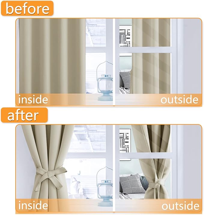 Hiasan Blackout Curtains for Bedroom, 60 x 63 Inches Length - Thermal Insulated & Light Blocking Window Curtains for Living Room, 2 Drape Panels Sewn with Tiebacks, Light Beige - Image 5