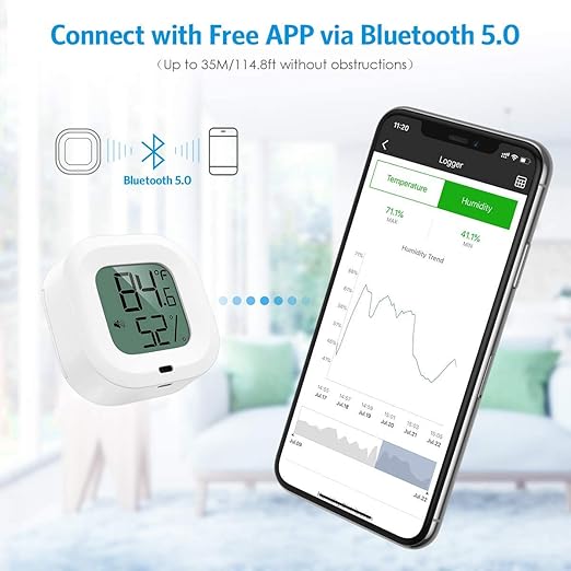Wireless Thermometer Hygrometer for iPhone/Android, Smart Bluetooth Humidity Temperature Sensor with Alarm and Data Storage for Green House Guitar Camera Storage Humidor Incubator Monitor - Image 2