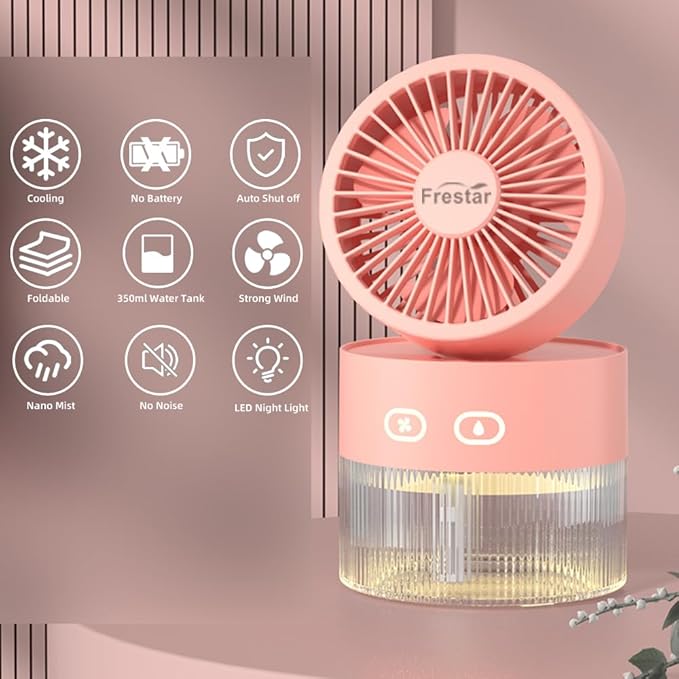 Personal Cooling Fan and Small Air Humidifier 350ml with LED Night Light, Desktop USB Charging Humidifier and Fan 3 in 1 for Office and Small Room, No Battery (Pink) - Image 2