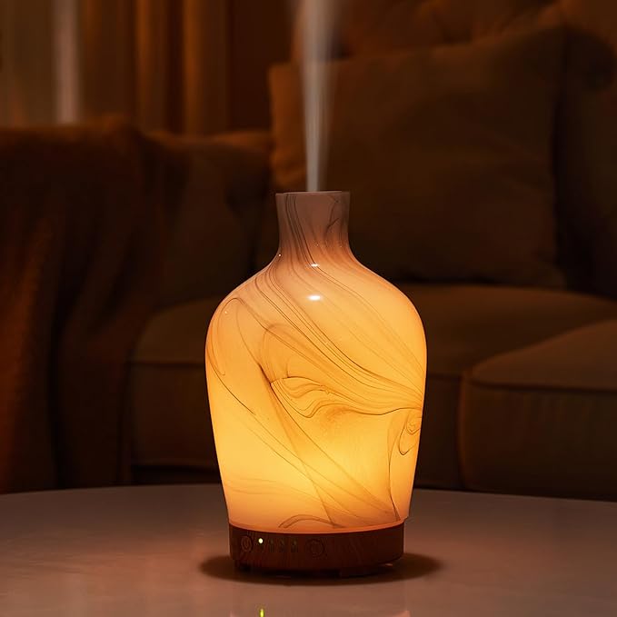 Classical Vase Art Glass Aromatherapy Diffuser 160ml ultrasonic Cool Mist Scent Aroma Essential Oil Diffu er Humidifier with Intermittent Mist & LED 7 Colorful Changing Night Light for Bedroom by inrorans