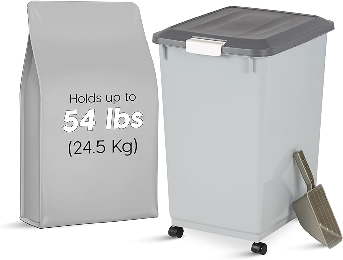 IRIS USA Dog Food Storage Container 54 lbs, 2-Pack with Wheels, Airtight Lid, 2-Cup Scoop, Double Pet Food Storage, Built in Scoop Storage in Lid, Versatile Pet Food Bin, Portable, Gray/Dark Gray - Image 2