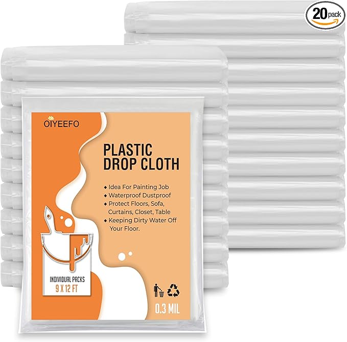 20 Pcs Plastic Sheeting Drop Cloths for Painting, 9x12ft Plastic Tarp Waterproof Dustproof Almost Tear Resistance Multi-Purpose Furniture Cover Floor Wall Protection Film by Oiyeefo