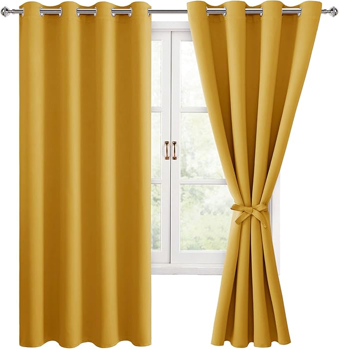 Hiasan Blackout Curtains for Bedroom, 52 x 63 Inches Length - Thermal Insulated & Light Blocking Window Curtains for Living Room, 2 Drape Panels Sewn with Tiebacks, Mustard Yellow by Hiasan