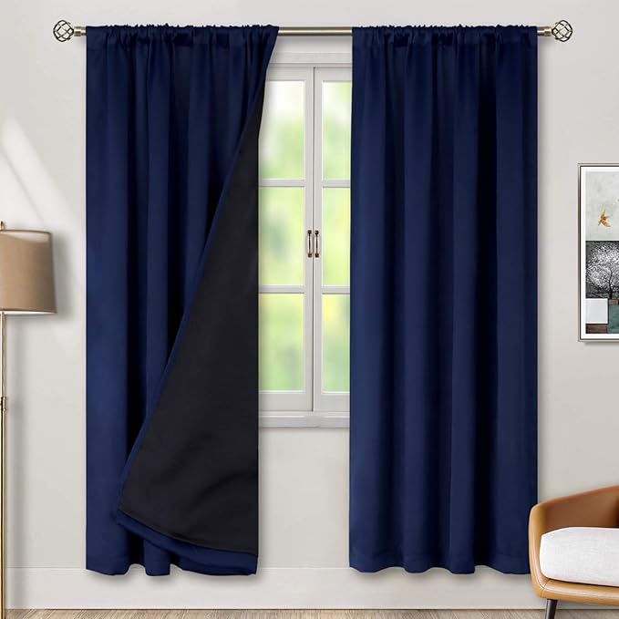 BGment Thermal Insulated 100% Blackout Curtains for Bedroom with Black Liner, Double Layer Full Room Darkening Noise Reducing Rod Pocket Curtain (42 x 84 Inch, Navy Blue, 2 Panels) by BGment