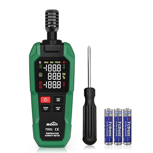 Temperature Humidity Meter, SQECH Digital Hygrometer with Ambient Thermometer,Dew Point,Wet Bulb,Flashlight,Max/Min,Data Hold,High Precision Psychrometer Monitor with Color Backlight for Home HVAC by SQECH