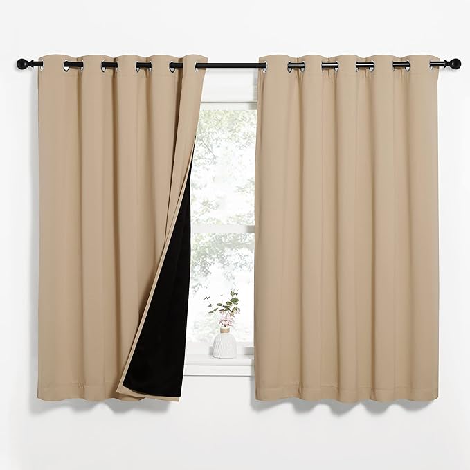 NICETOWN Bedroom Full Blackout Curtain Panels, Super Thick Insulated Window Covers, Complete Blackout Draperies with Black Liner for Short Window(Biscotti Beige, Set of 2 PCs, 62 by 63-inch) by NICETOWN
